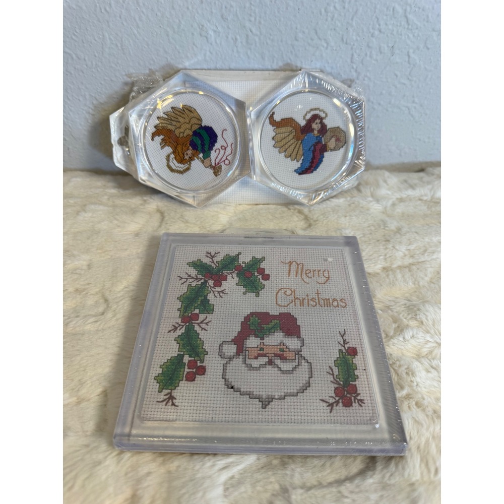 MCG Textiles Christmas Cross Stitch Kit Santa Hot Plate & Angel Coasters Set 3